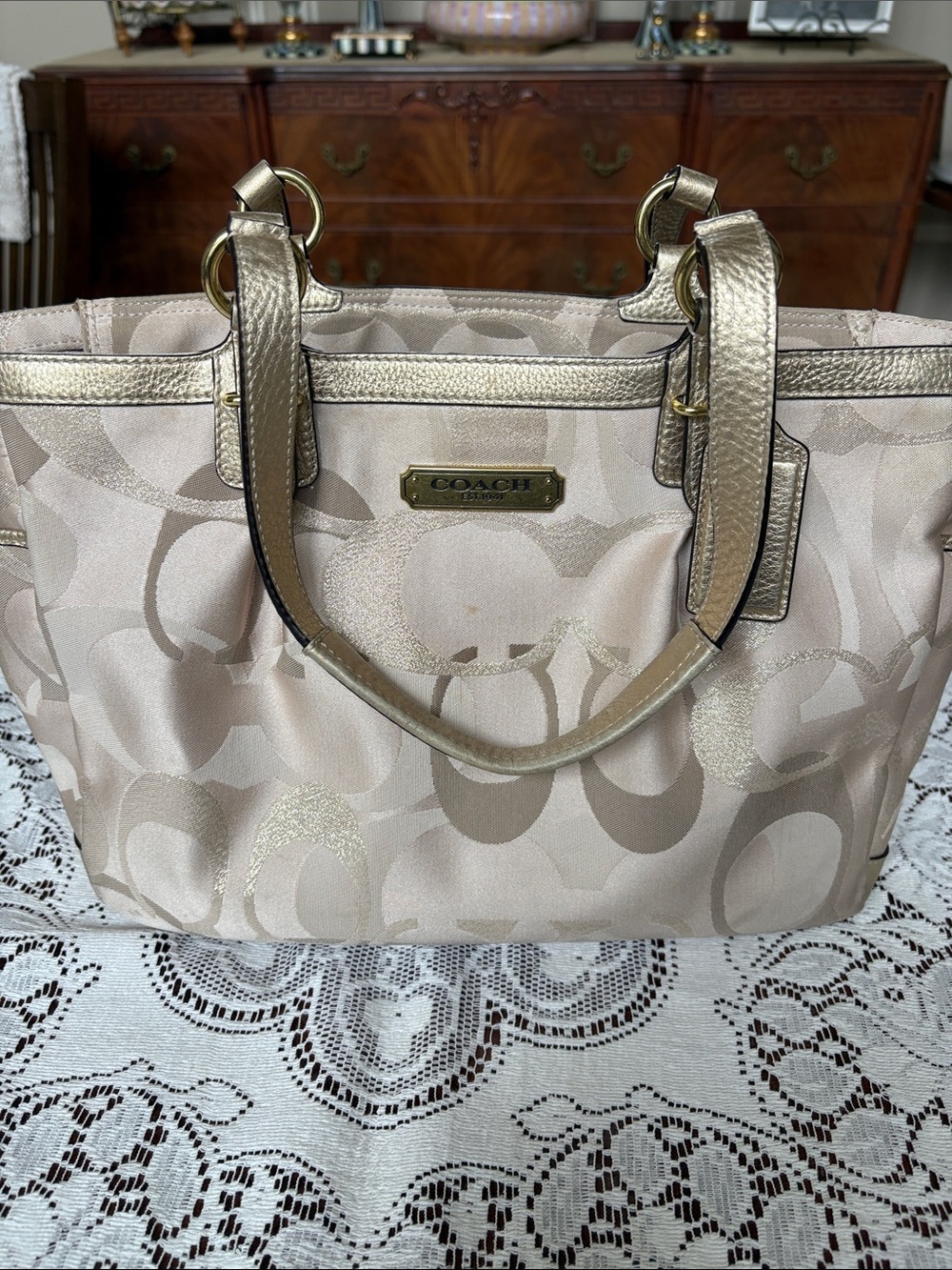Coach Beige & Gold Tote